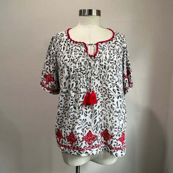J Jill White Red Embroidered Cotton Tassel Top Boho Size M Petite - Picture 2 of 9